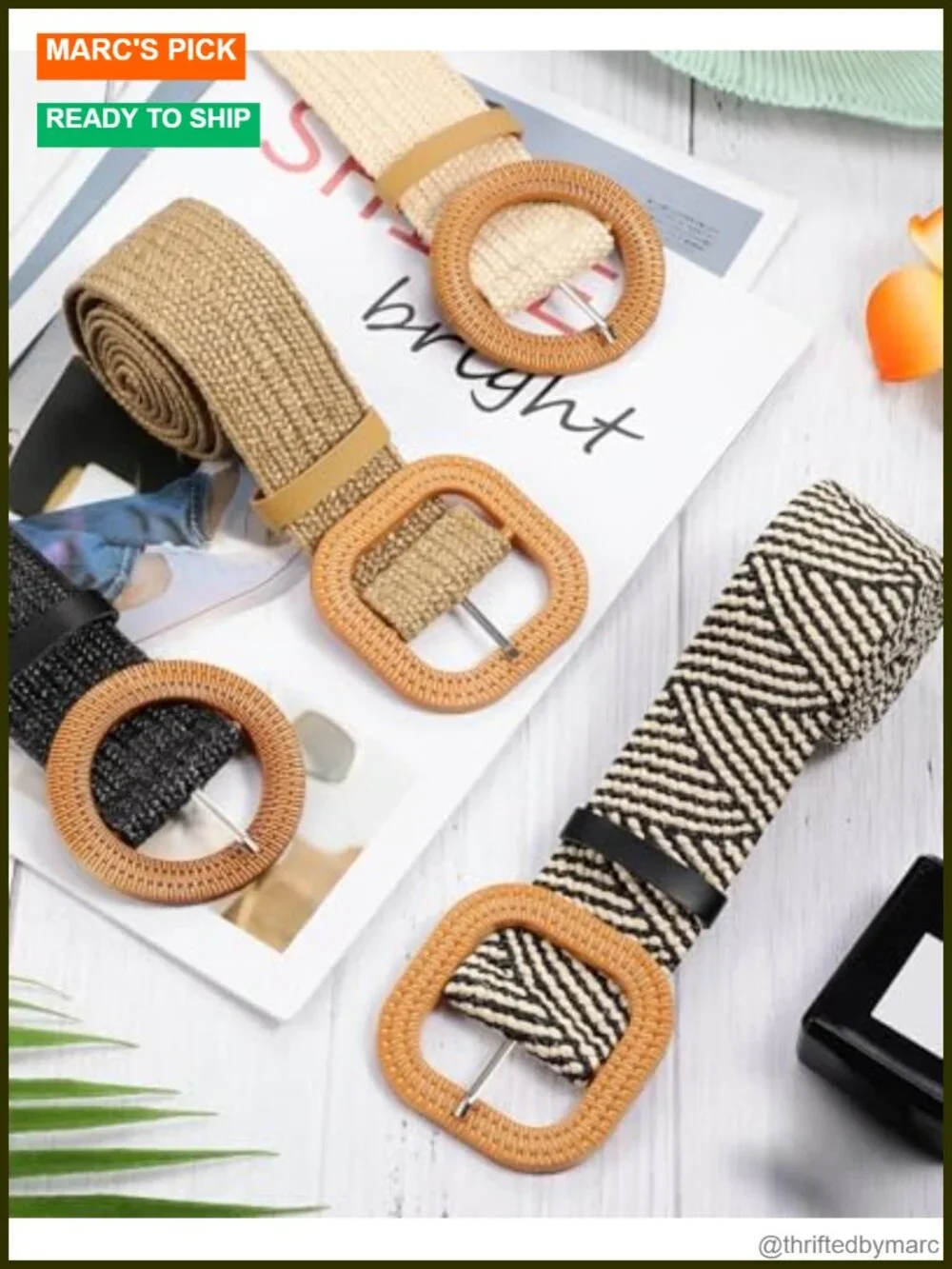 Set of 4 Elastic Raffia Woven Belts with Rattan Buckle for Dresses